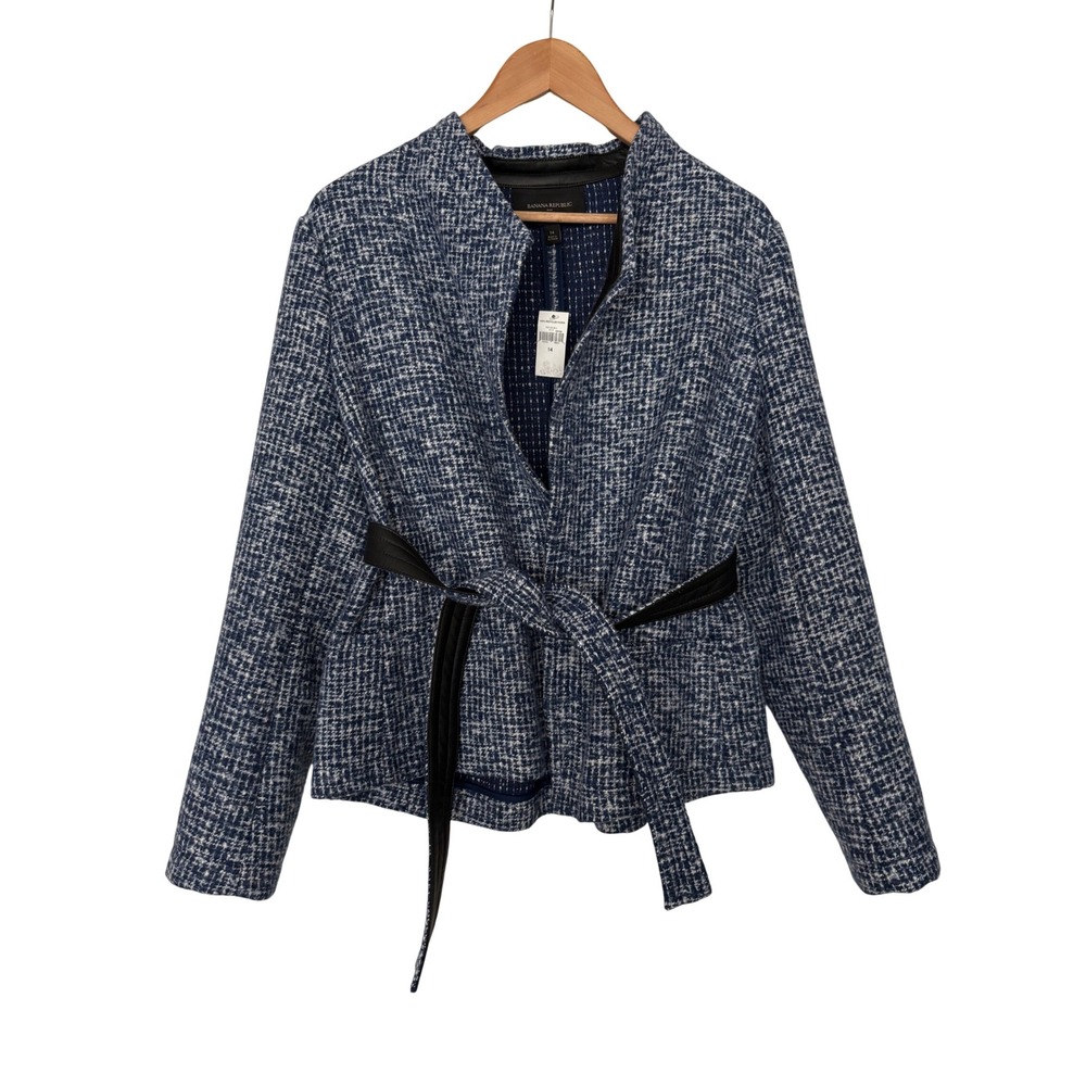 Banana Republic Blue White Tweed Belted Jacket Faux Leather Trim Size 14 NEW